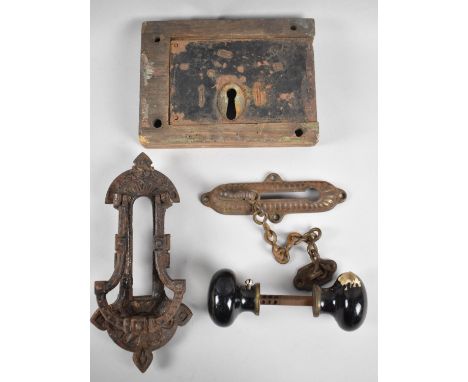 A Vintage Cast Metal Door Knocker, 19th Century Door Lock, Safety Chain and Black Ceramic Door Handles 