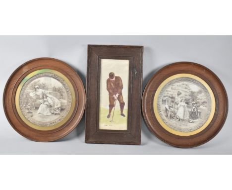 A Pair of Late Victorian Oak Framed Circular Monochrome Prints Together with an Oak Framed Golfing Print 