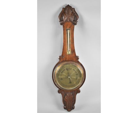A Late 19th Century Carved Oak Onion Topped Wheel Barometer with Thermometer, Acanthus Carving, Glass Cracked 