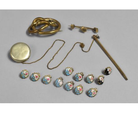 A Small Collection of Miniature Enamelled Floral Discs, Two Vintage Yellow Metal Brooches etc 
