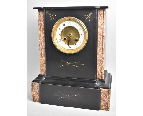 A Late 19th/Early 20th Century Black Slate and Marble Mantel Clock of Architectural Form, French Eight Day Movement, Complete