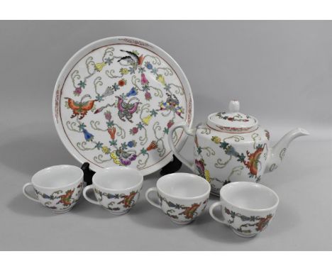A Modern Chinese Porcealin Tea Service Decorated in the Famille Rose Palette to Comprise Teapot, Tray and Four Cups 