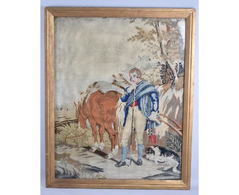 A Large Framed 19th Century Tapestry Depicting Farmer with Dog, Plough and Heavy Horses, 52x67cm 