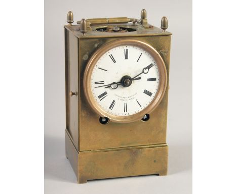 A SMALL 18TH CENTURY FRENCH BRASS CLOCK by LEON CLEMENT BOURGEOIS, a MOREZ DURA, striking on a single bell. 5ins high.