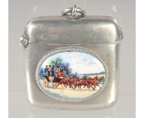 AN EDWARD VII SILVER PLAIN VESTA CASE with an oval enamel of coach and horses. 1.5ins x 1.5ins. Sheffield 1923.