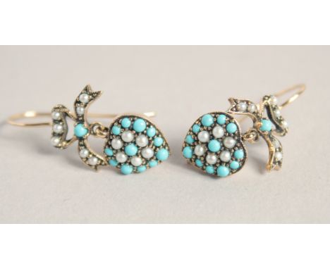 A PAIR OF 9CT GOLD TURQUOISE AND PEARL HEART SHAPED EARRINGS.