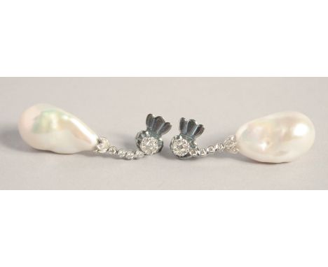 A PAIR OF 18CT WHITE GOLD LARGE DROP PEARL AND DIAMOND EARRINGS with gemological certificate.