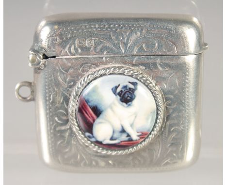 AN EDWARD VII SILVER VESTA CASE with an oval enamel of a pug dog. 1.5ins x 1.25ins. Chester 1918.