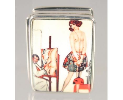 A SILVER ENAMEL PILL BOX "Nude".