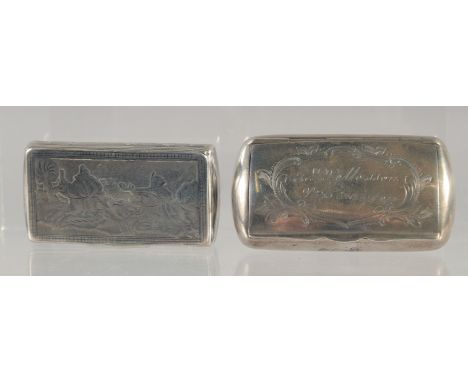 A SILVER NIELLO SNUFF BOX, boats and buildings, 3ins long and a 19th CENTURY SWEDISH SNUFF BOX, 3.25ins long. (2).