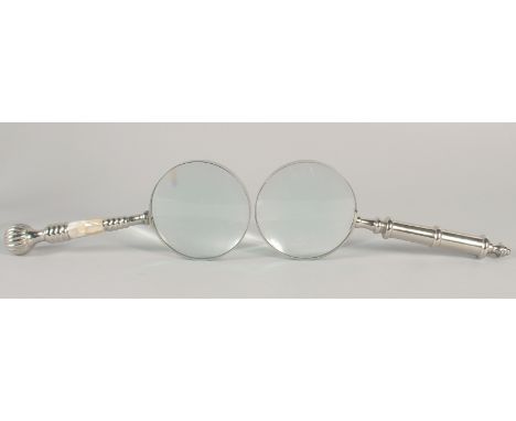 TWO MAGNIFYING GLASSES with mother of pearl and chrome handle.