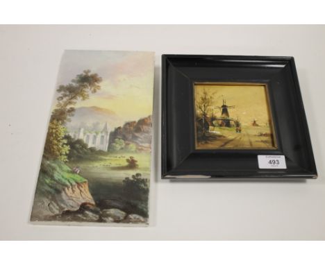 AN UNFRAMED HAND PAINTED TILE SIGNED LOWER LEFT TOGETHER WITH A FRAMED EXAMPLE