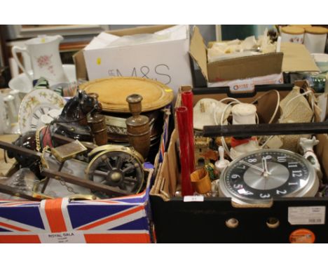 TWO TRAYS OF CERAMICS AND SUNDRIES TO INCLUDE A CERAMIC HORSE AND CART FIGURE, AYNSLEY, TREEN CANDLESTICKS ETC.
