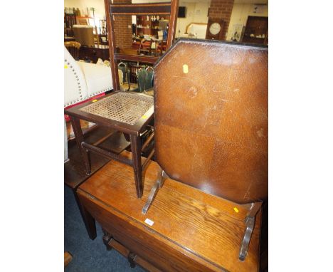 AN OAK DROPLEAF TABLE WITH AN OAK FIRESCREEN TABLE AND A STOOL (3)