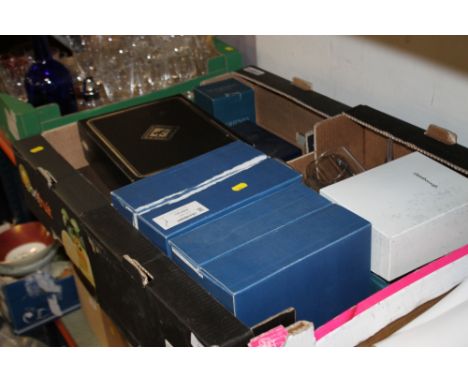 TWO TRAYS OF BOXED GLASSWARE TO INCLUDE EDINBURGH CRYSTAL, STEWART CRYSTAL ETC