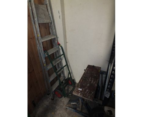 A WORKBENCH, SACK TRUCK AND STEP LADDERS