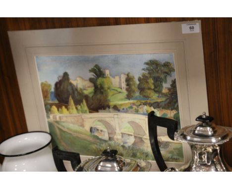 AN UNFRAMED WATERCOLOUR DEPICTING LUDLOW CASTLE WITH BRIDGE IN THE FOREGROUND SIGNED R. C MOORE 