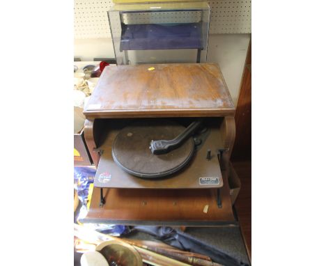 A RETRO WALNUT CASED ' THE BROADCASTER' PLUS A GRAM RECORD PLAYER WITH BAKELITE GARRARD ARM 