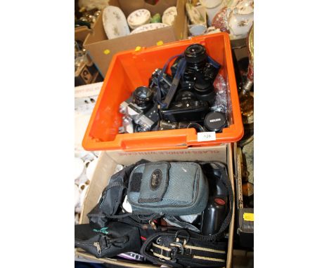 TWO BOXES OF VINTAGE CAMERAS AND ACCESSORIES TO INCLUDE ZENT, PRAKTICA, MINOLTA ETC. 