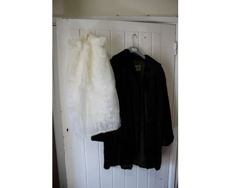 A VINTAGE FURRAY FUR COAT TOGETHER WITH A VINTAGE CHRISTENING GOWN ETC. 
