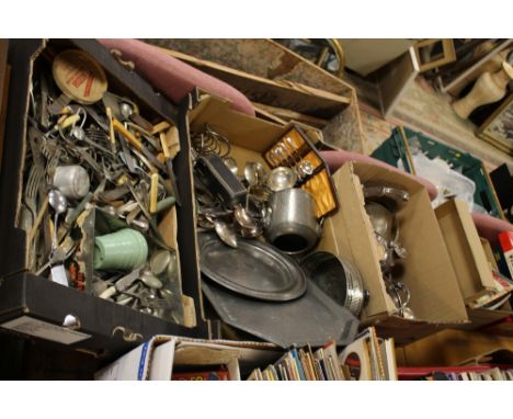 THREE TRAYS OF ASSORTED METALWARE TO INC SILVER PLATED FLATWARE, PEWTER, NAPKIN RINGS ETC