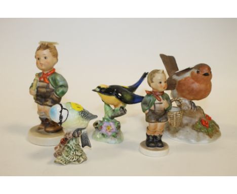 AN AYNSLEY MATT FINISH ROBIN FIGURE TOGETHER WITH A BESWICK BLUE TIT, ROYAL ADDERLY SUNBEAM TANABER AND TWO GOEBEL FIGURES (5