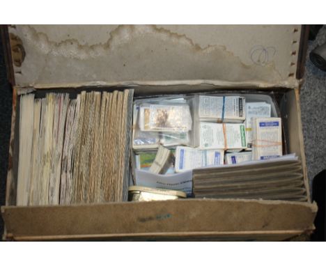 A BOX OF VINTAGE CIGARETTE CARDS ETC