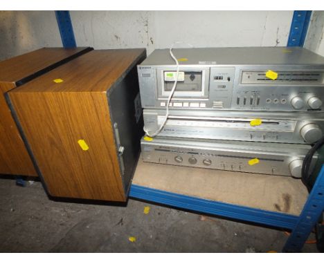 A HITACHI STEREO TUNER, AMPLIFIER AND CASSETTE DECK TOGETHER WITH TWO HITACHI SPEAKERS