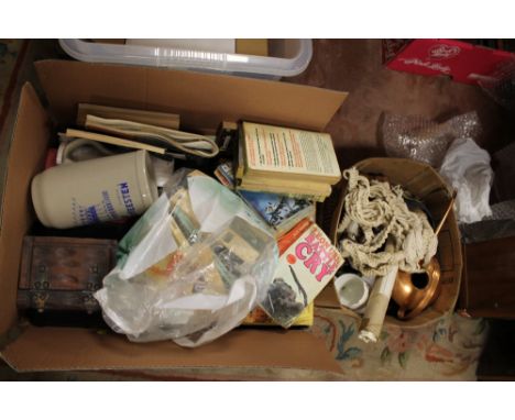 A TRAY OF VINTAGE BOOKS AND A TRAY OF SUNDRIES TO INCLUDE A COPPER WATERING CAN