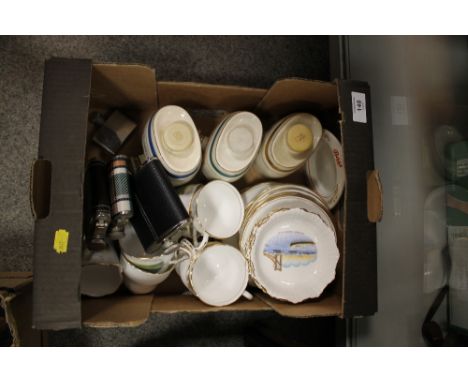 A SMALL TRAY OF CERAMICS, HIP FLASKS, WADE DECANTERS ETC. 
