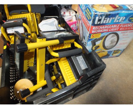 A BOX OF INDUSTRIAL WORK LAMPS A/F PLUS A BOXED RECHARGEABLE CLARKE WORK LIGHT