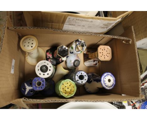 A BOX OF ASSORTED CERAMIC HAT PIN STANDS TO INCLUDE CARLTONWARE, CROWN DUCAL ETC. 
