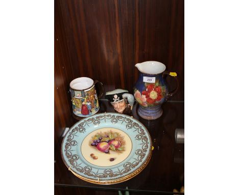 A VINTAGE FLORAL ROYAL DOULTON JUG, TOGETHER WITH A BESWICK MUG, CHARACTER JUG AND THREE AYNSLEY ORCHARD GOLD PLATES