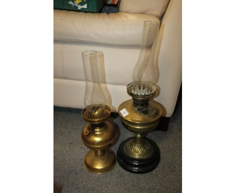 TWO VINTAGE BRASS OIL LAMPS WITH DUPLEX BURNERS