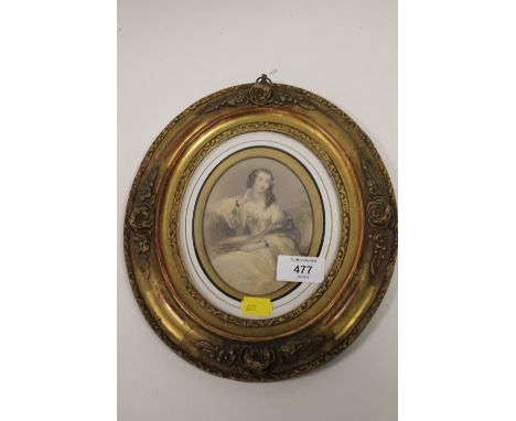 AN ANTIQUE ENGRAVED GILT FRAMED OVAL PORTRAIT OF A LADY