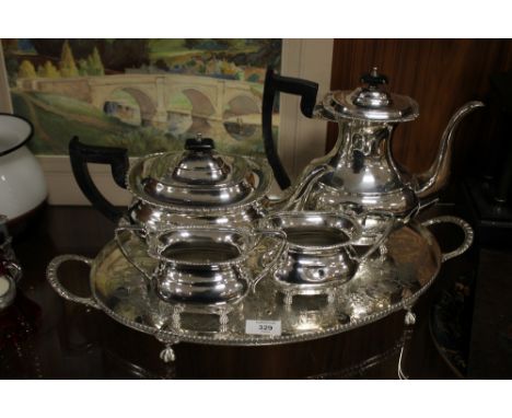 A VINERS SILVER PLATED FOUR PIECE TEA SERVICE ON SILVER PLATED SERVING TRAY (5)