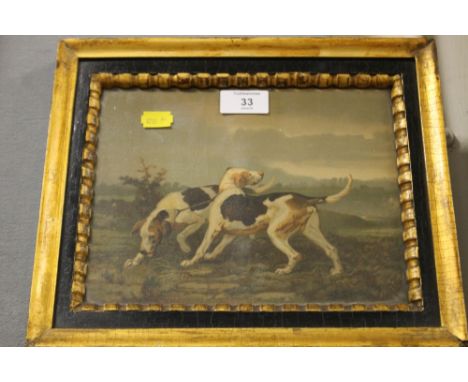 A LATE 19TH / EARLY 20TH CENTURY FRAMED AND GLAZED OIL ON BOARD DEPICTING A PAIR OF HUNTING HOUNDS 