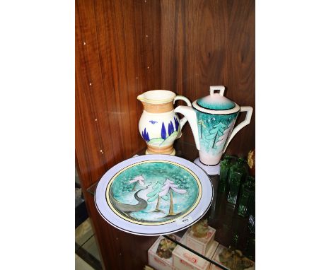 A CLARA LOU STUDIO RANGE ELEMENTS OF FIRE TEAPOT AND CABINET PLATE TOGETHER WITH A ROYAL DOULTON ART DECO STYLE JUG (3)