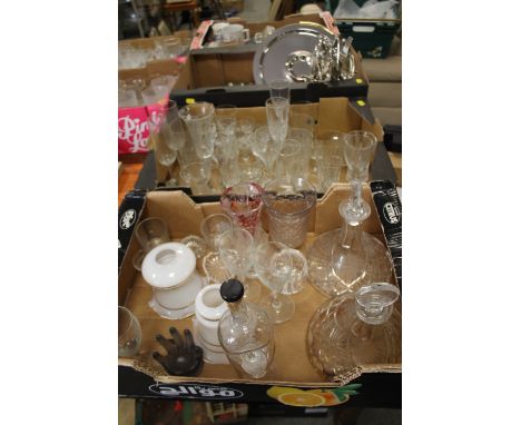 TWO TRAYS OF ASSORTED GLASSWARE TO INCLUDE CUT GLASS COMMEMORATIVE DECANTERS