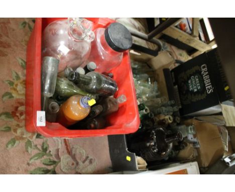TWO BOXES OF VINTAGE GLASS AND STONEWARE BOTTLES TO INCLUDE MINIATURE EXAMPLES 