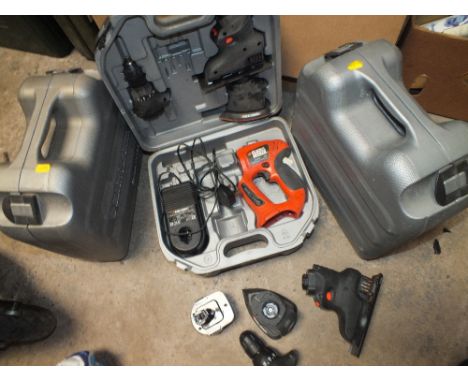 THREE CASED BLACK 7 DECKER QUATRO POWER TOOLS ETC