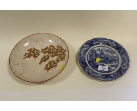 A JAPANESE CERAMIC BOWL - RESTORED,  TOGETHER WITH A BLUE AND WHITE PLATE (2)