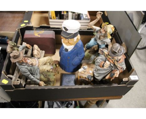 THREE LARGE CAPODIMONTE FIGURES TOGETHER WITH A CARVED WOODEN SAILOR FIGURE AND A VINTAGE MONEY BANK