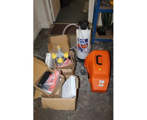 A QUANTITY OF ASSORTED TOOLS AND PARTS TO INCLUDE STIHL CHAINSAW BOX, MULTI SOCKETS, SPRAYER ETC