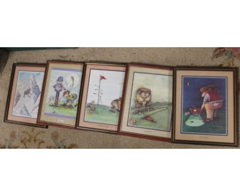 A TRAY OF ASSORTED NOVELTY GOLF &amp; SKIING PRINTS ETC TOGETHER WITH  A WALL BRACKET (CRATE NOT INCLUDED)