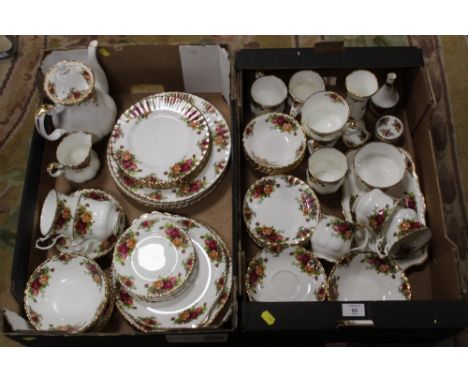 TWO TRAYS OF ROYAL ALBERT OLD COUNTRY ROSES CHINA TO INCLUDE A COFFEE POT, CUPS AND SAUCERS ETC.  