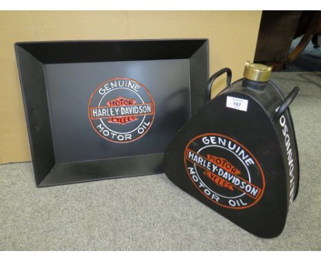 THREE MODERN HARLEY DAVIDSON ITEMS - OIL CAN, METAL TRAY AND CAST PLAQUE