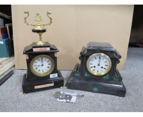 AN ANTIQUE SLATE AND MALACHITE MANTLE CLOCK TOGETHER WITH A SLATE AND MARBLE EXAMPLE (2)