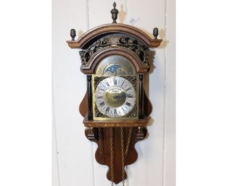 A MODERN THOMAS TOMPION MOON PHASE WALL CLOCK TOGETHER WITH A SMALL OAK MANTLE CLOCK (2)