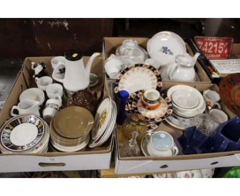 THREE TRAYS OF ASSORTED CHINA TO INCLUDE A SELECTION OF VINTAGE TEAWARES, RETRO COFFEE SET